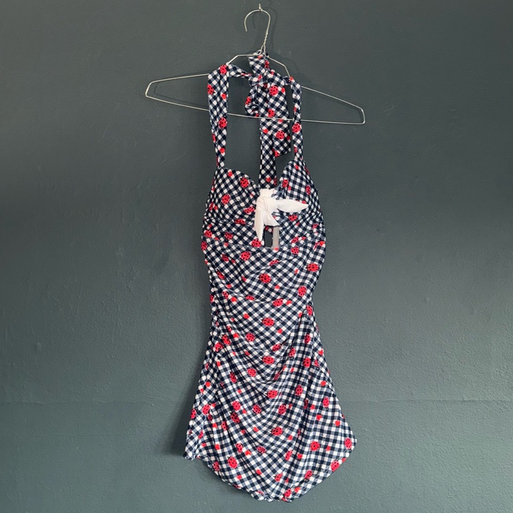 UNIQUE VINTAGE MEDIUM ONE PIECE RETRO SWIMSUIT LADYBUG & GINGHAM BOY SHORT